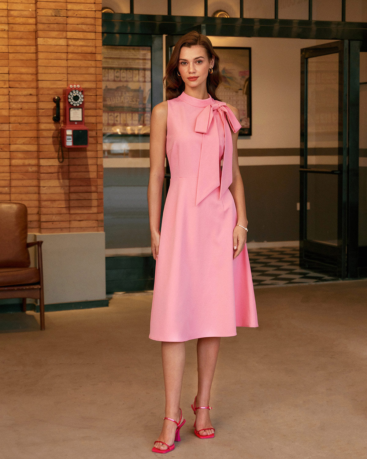 Pink Turtleneck Bowknot Satin Midi Dress - Threadford