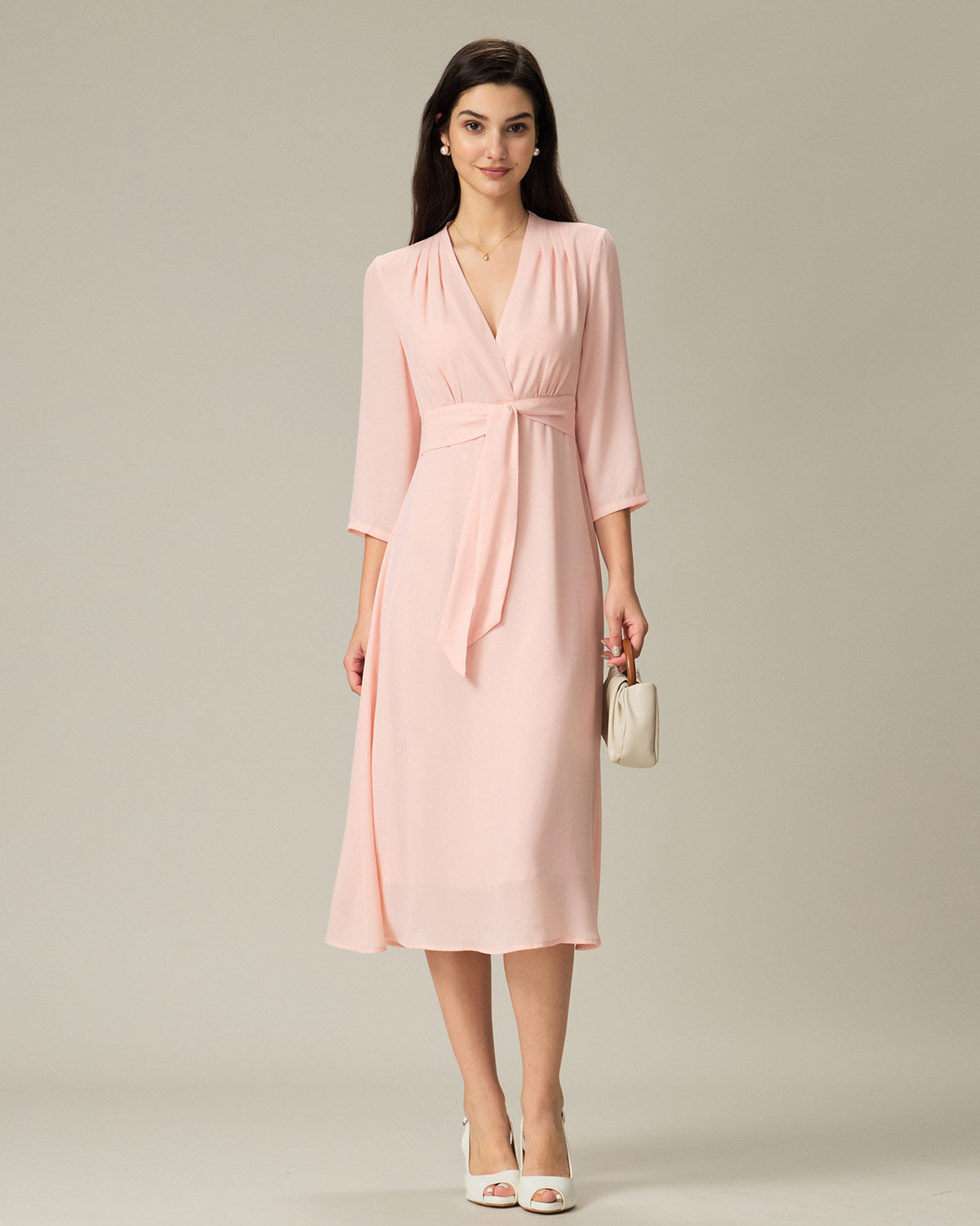 Pink V-Neck Pleated Midi Dress - Threadford