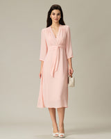 Pink V-Neck Pleated Midi Dress - Threadford