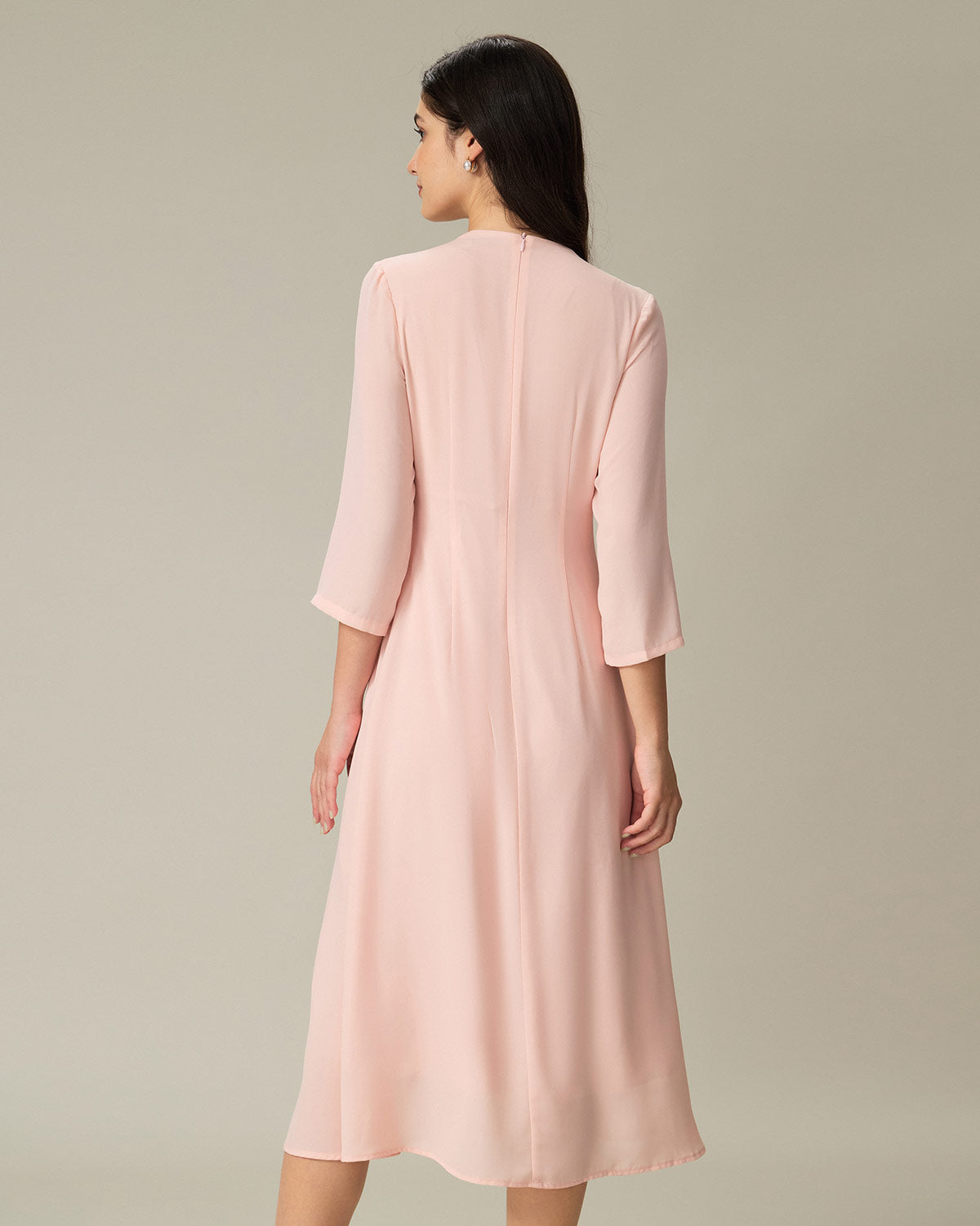 Pink V-Neck Pleated Midi Dress - Threadford