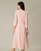 Pink V-Neck Pleated Midi Dress - Threadford