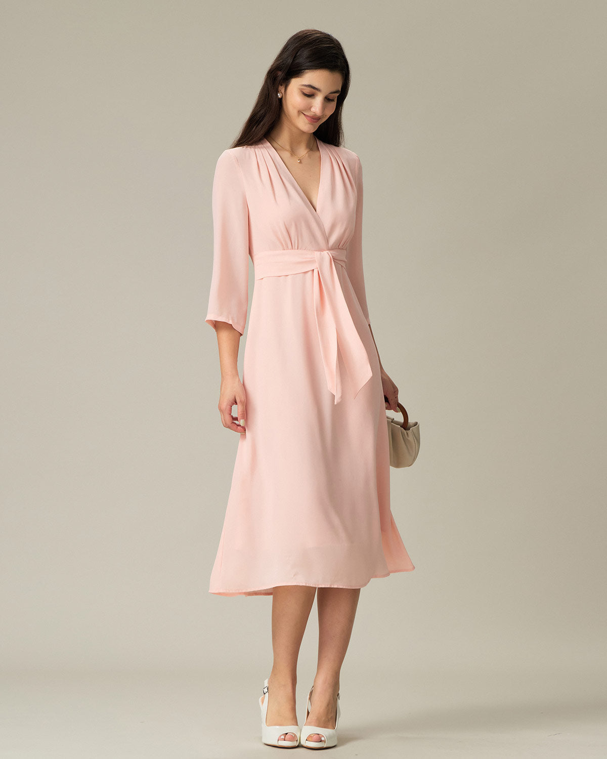 Pink V-Neck Pleated Midi Dress - Threadford