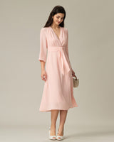 Pink V-Neck Pleated Midi Dress - Threadford