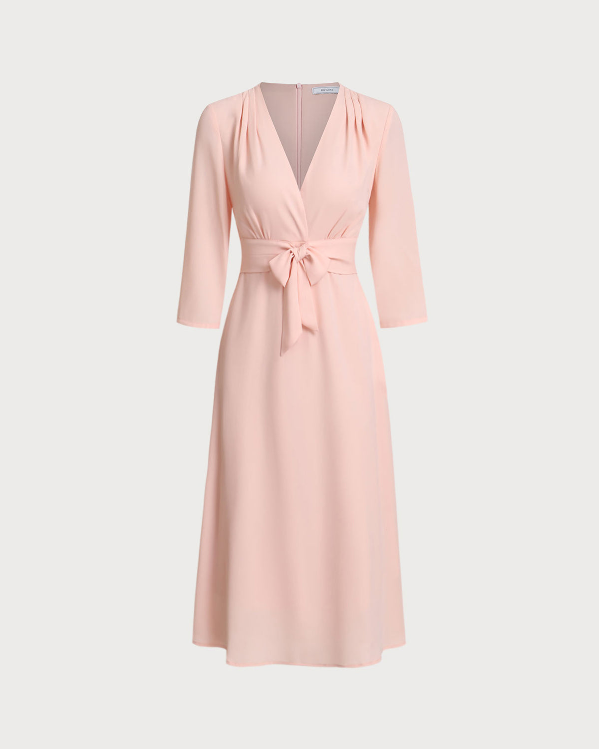 Pink V-Neck Pleated Midi Dress - Threadford