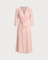 Pink V-Neck Pleated Midi Dress - Threadford