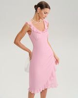 Pink V Neck Ruffle Sleeveless Midi Dress - Threadford