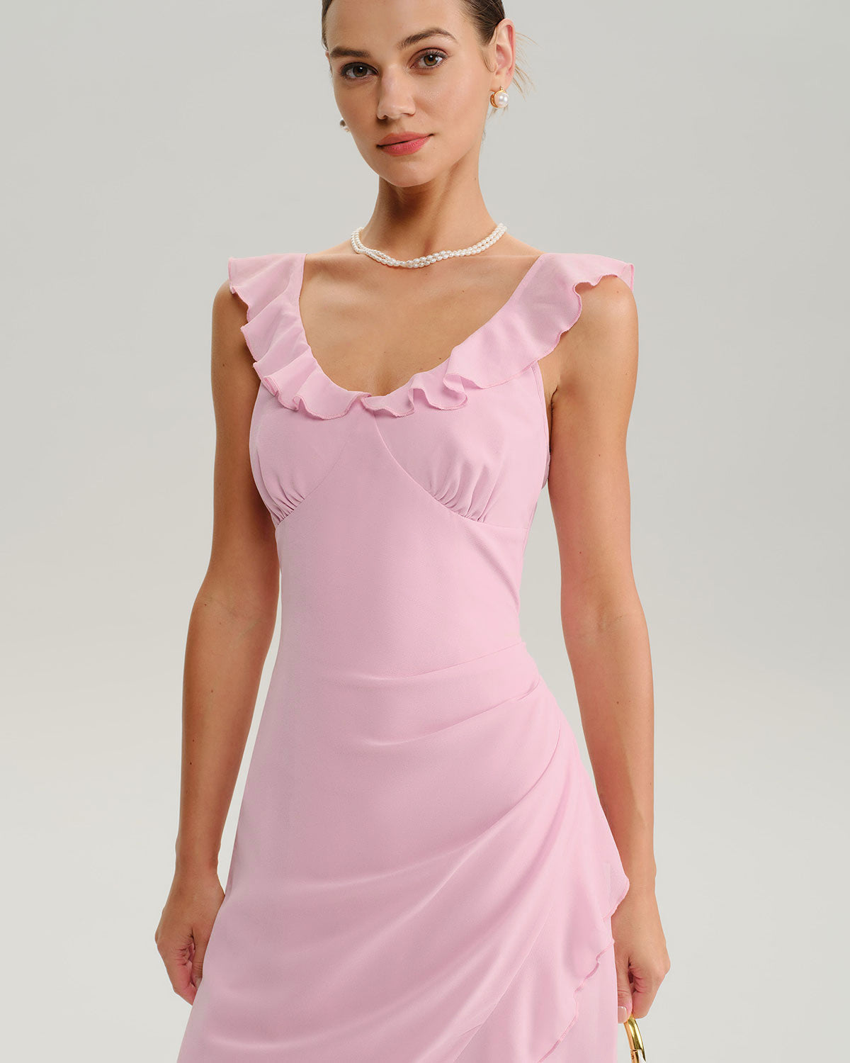 Pink V Neck Ruffle Sleeveless Midi Dress - Threadford