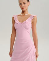Pink V Neck Ruffle Sleeveless Midi Dress - Threadford