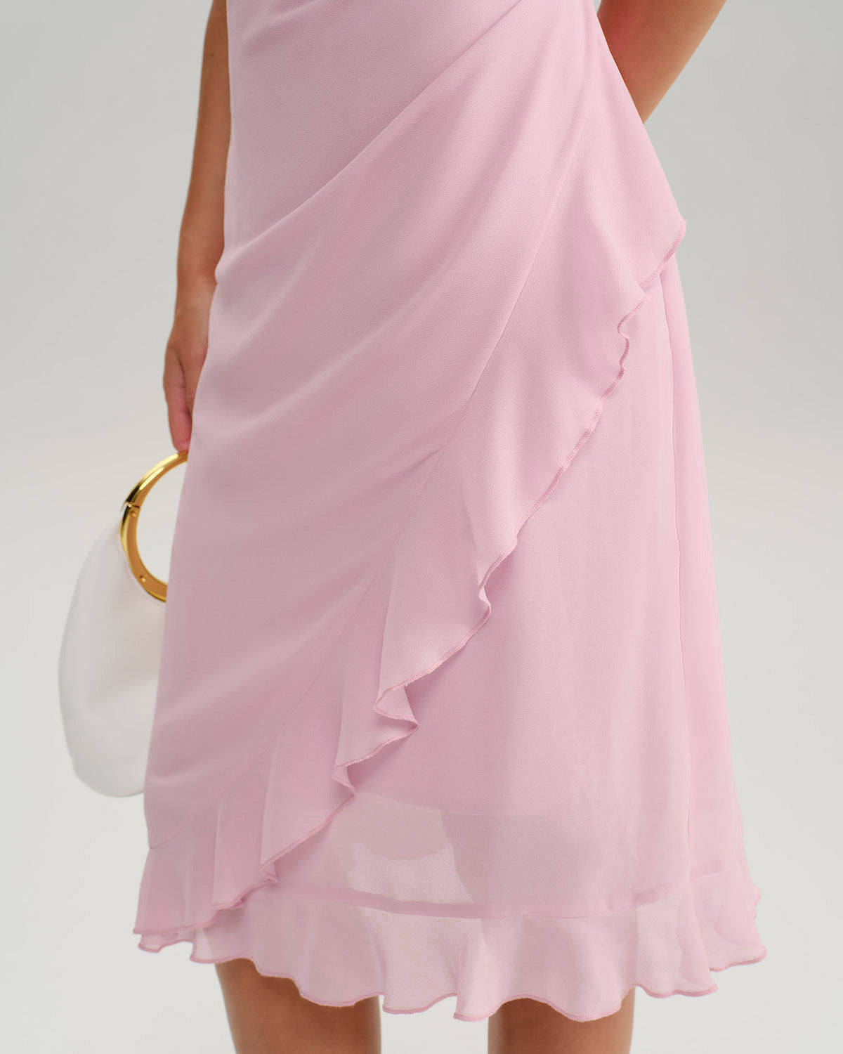 Pink V Neck Ruffle Sleeveless Midi Dress - Threadford
