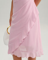 Pink V Neck Ruffle Sleeveless Midi Dress - Threadford