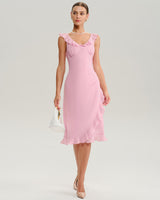 Pink V Neck Ruffle Sleeveless Midi Dress - Threadford