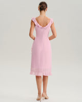 Pink V Neck Ruffle Sleeveless Midi Dress - Threadford