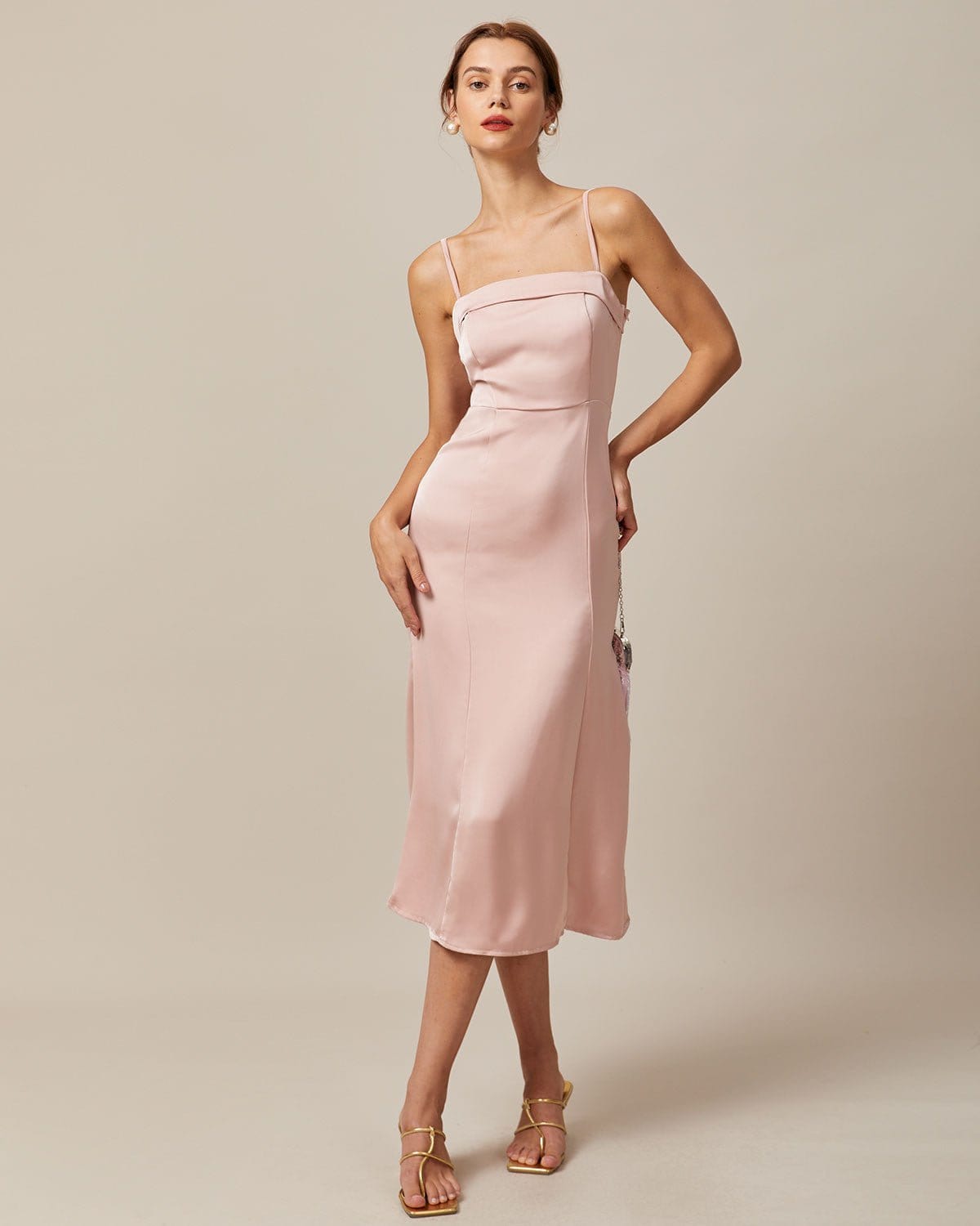 The Pink Bodycon Satin Cami Midi Dress - Threadford