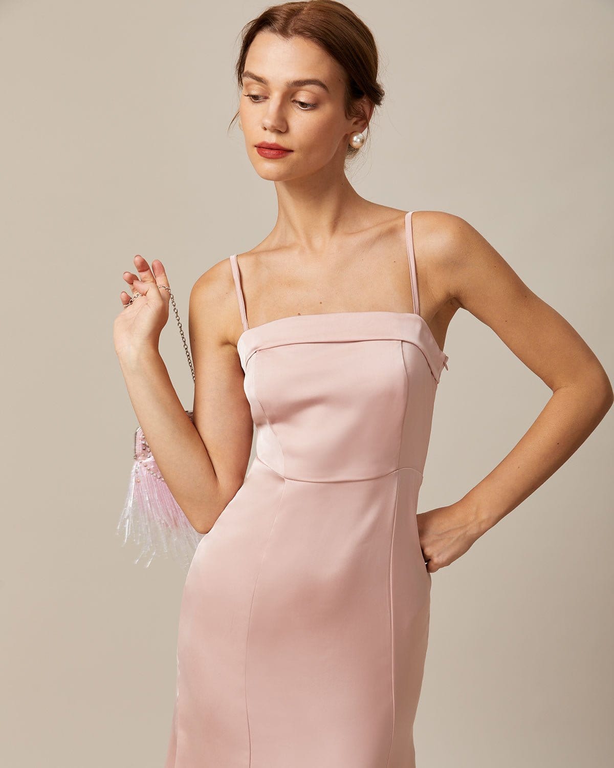 The Pink Bodycon Satin Cami Midi Dress - Threadford