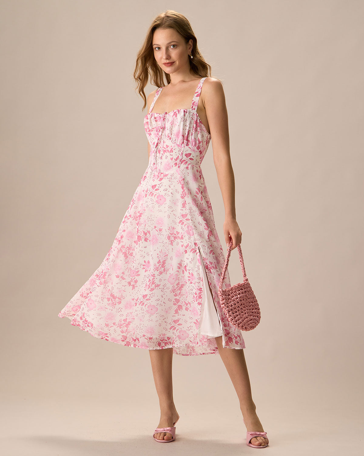 The Pink Square Neck Floral Ruched Midi Dress - Threadford