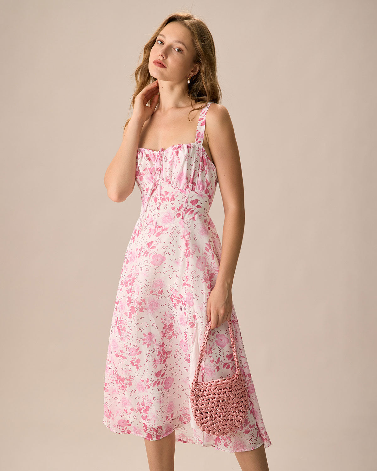 The Pink Square Neck Floral Ruched Midi Dress - Threadford
