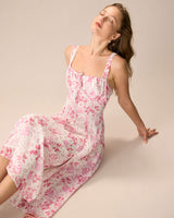 The Pink Square Neck Floral Ruched Midi Dress - Threadford