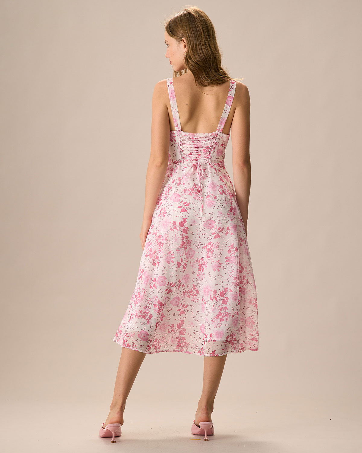 The Pink Square Neck Floral Ruched Midi Dress - Threadford