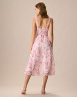The Pink Square Neck Floral Ruched Midi Dress - Threadford