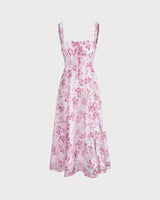 The Pink Square Neck Floral Ruched Midi Dress - Threadford