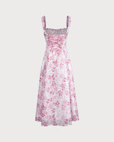 The Pink Square Neck Floral Ruched Midi Dress - Threadford