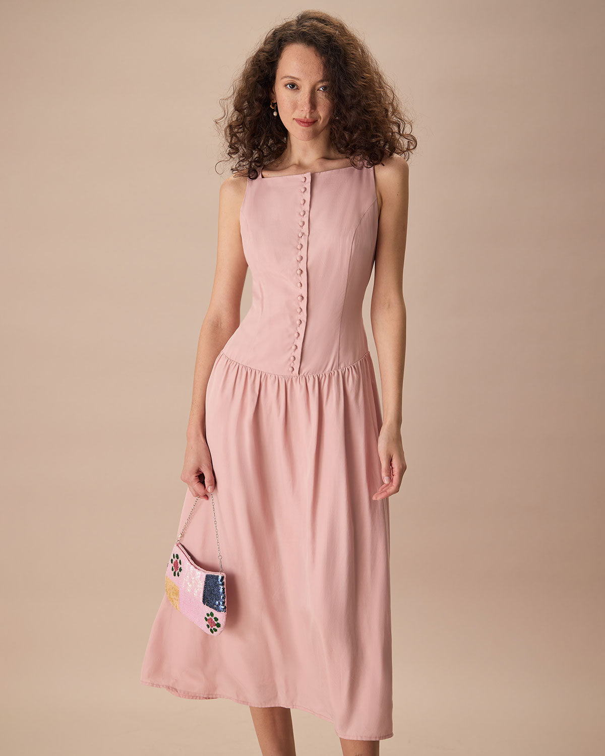 Women's Pink Boat Neck Sleeveless Lyocell Midi Dress - Threadford