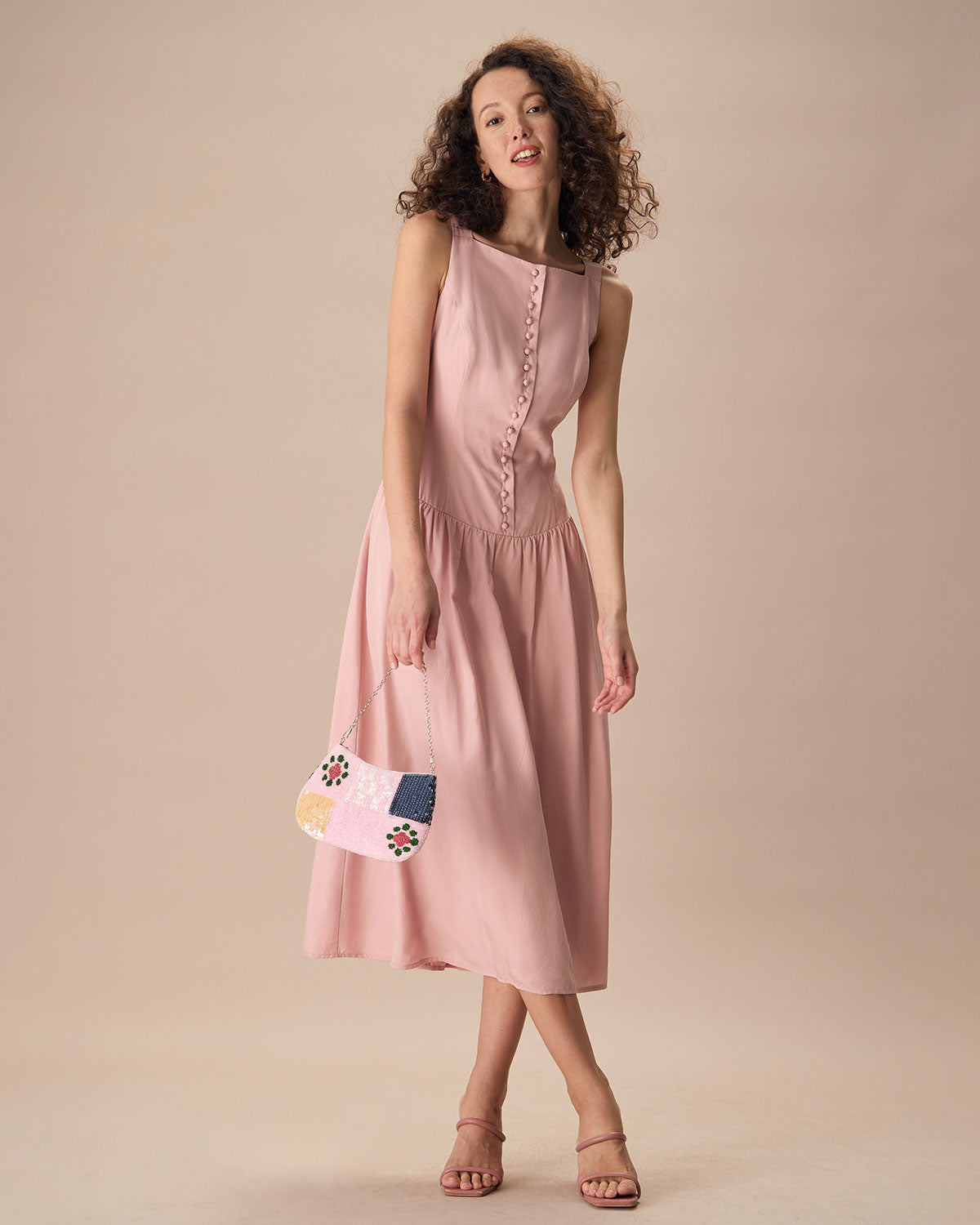 Women's Pink Boat Neck Sleeveless Lyocell Midi Dress - Threadford