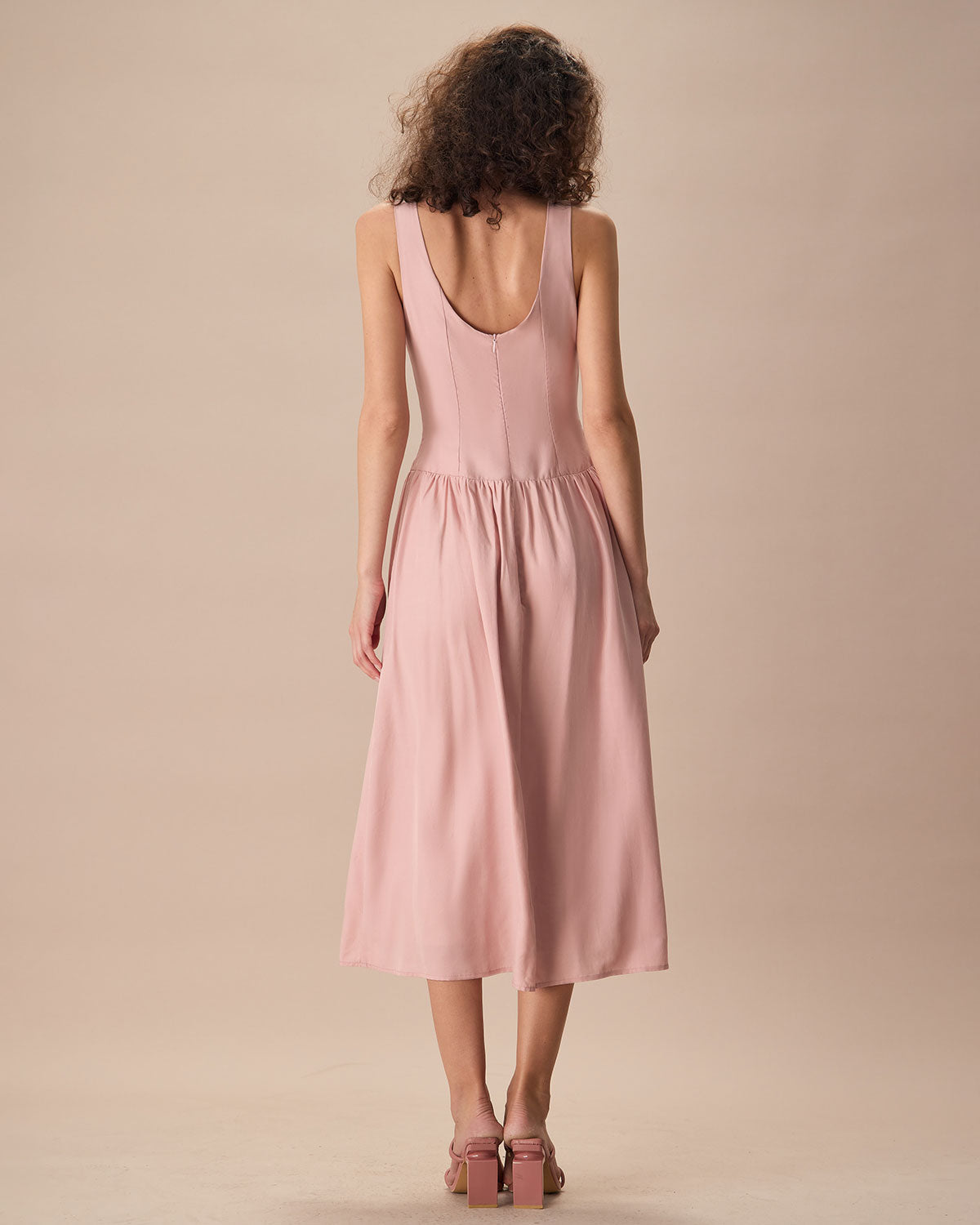 Women's Pink Boat Neck Sleeveless Lyocell Midi Dress - Threadford