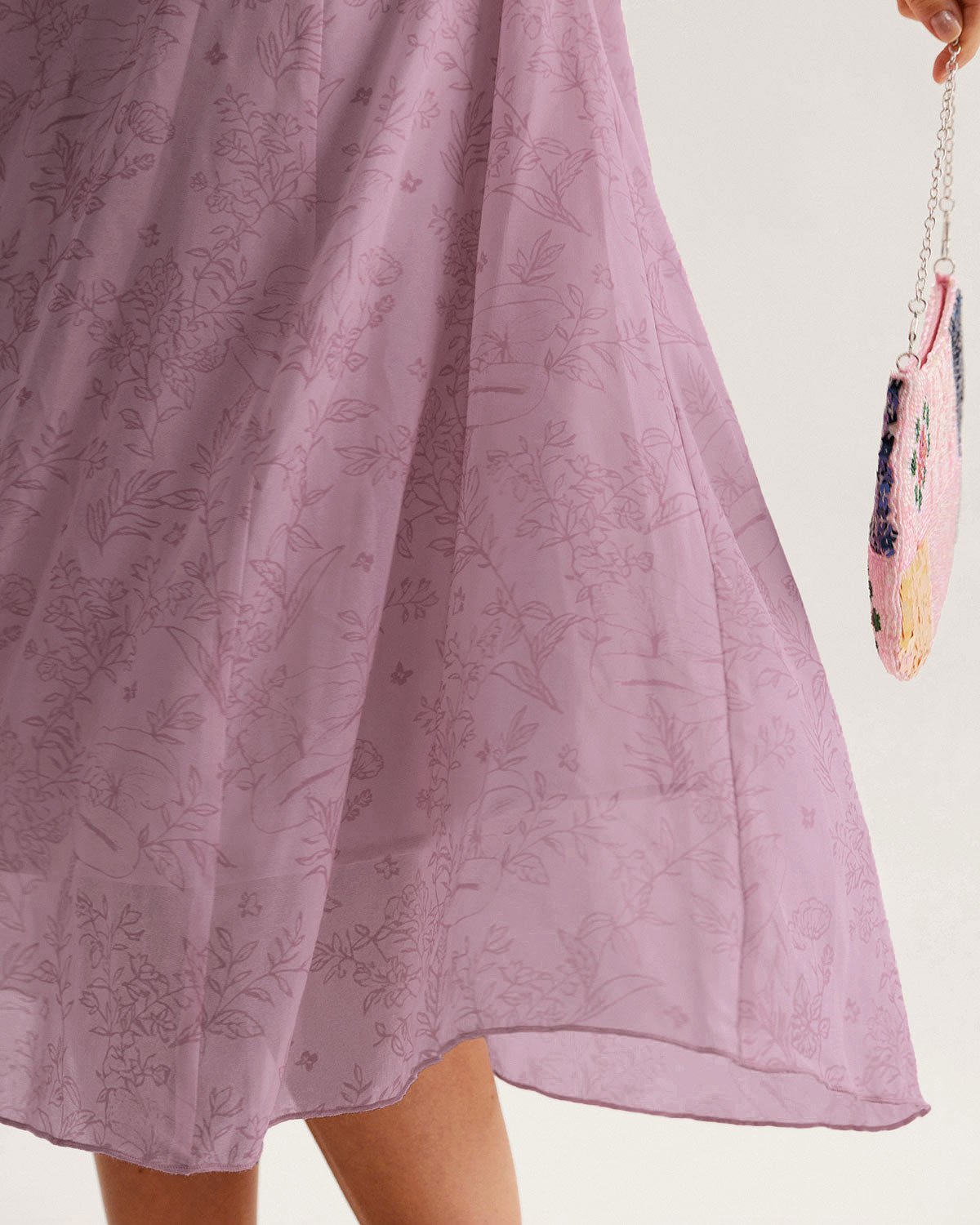 Purple Floral Square Neck Ruffle Slip Midi Dress - Threadford