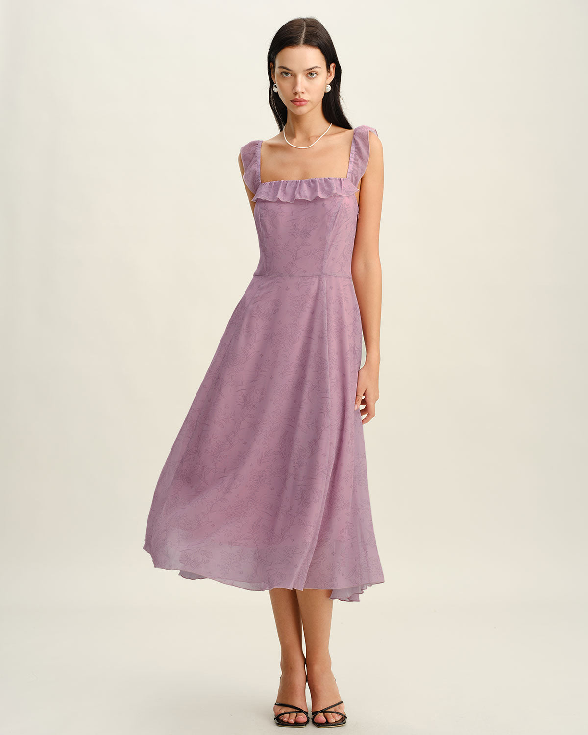 Purple Floral Square Neck Ruffle Slip Midi Dress - Threadford