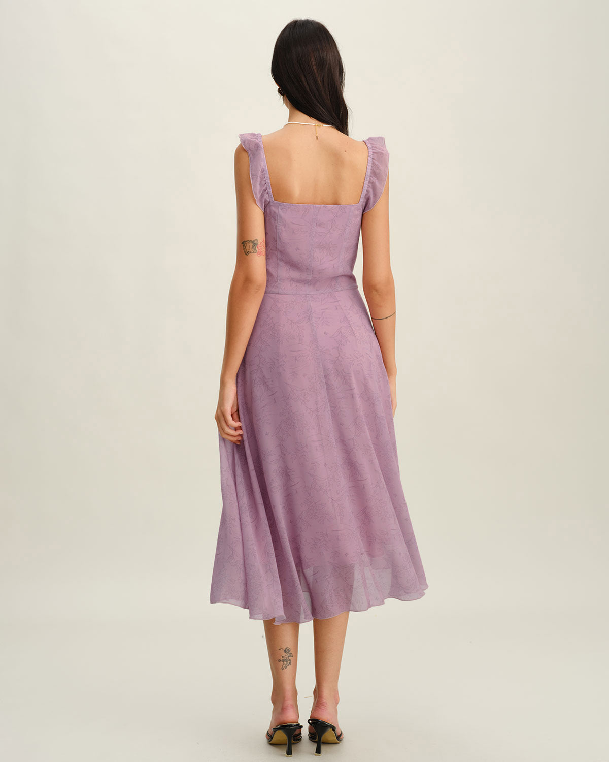 Purple Floral Square Neck Ruffle Slip Midi Dress - Threadford