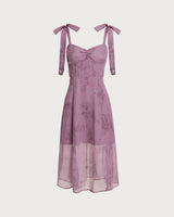 Purple Floral Tie Strap Midi Dress - Threadford