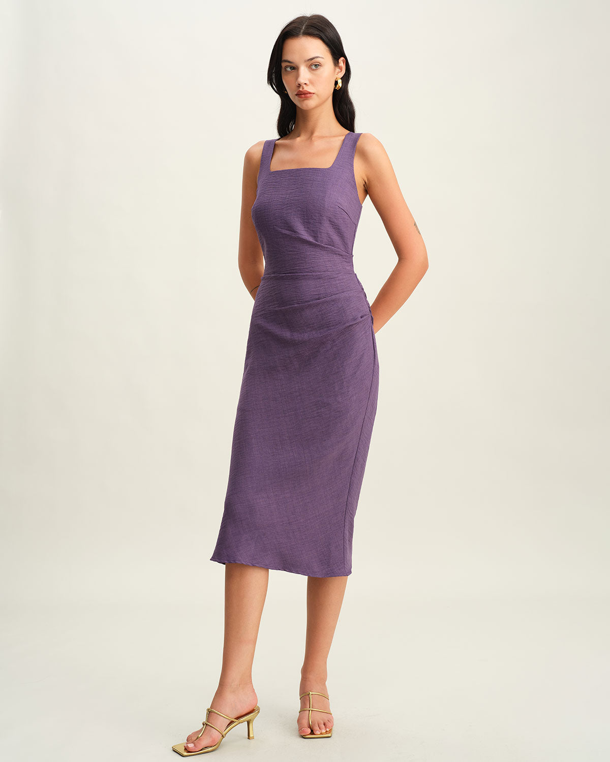 Purple Square Neck Slip Midi Dress - Threadford