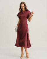 Red Cowl Sleeve A-Line Midi Dresses - Threadford