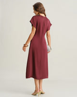 Red Cowl Sleeve A-Line Midi Dresses - Threadford