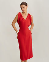 Red V Neck Sleeveless Midi Dress - Threadford