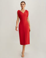 Red V Neck Sleeveless Midi Dress - Threadford
