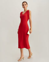 Red V Neck Sleeveless Midi Dress - Threadford