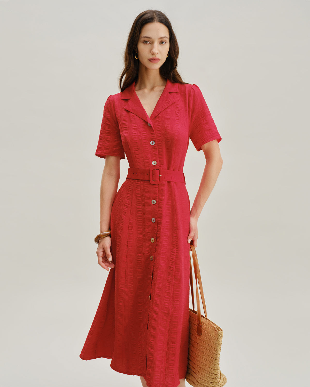 Red Belted A-Line Midi Dress - Threadford