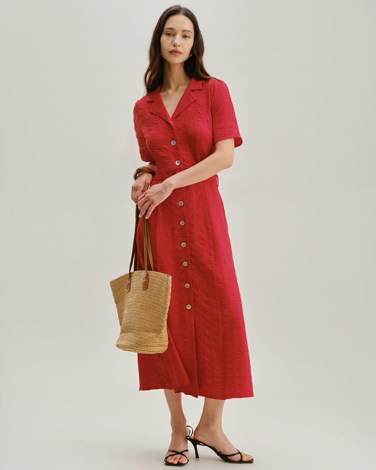 Red Belted A-Line Midi Dress - Threadford
