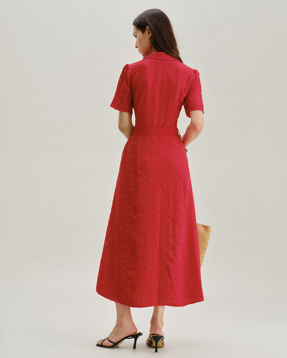 Red Belted A-Line Midi Dress - Threadford