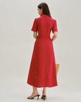 Red Belted A-Line Midi Dress - Threadford