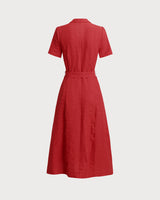 Red Belted A-Line Midi Dress - Threadford