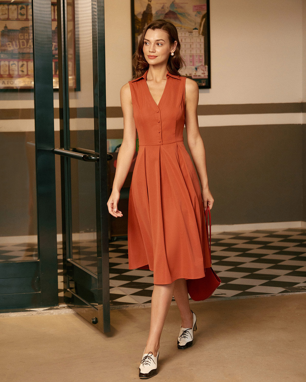 Red Button Sleeveless Midi Dress - Threadford