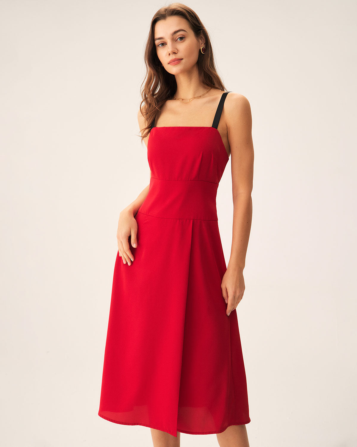Red Contrast Slit Slip Midi Dress - Threadford