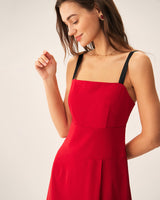 Red Contrast Slit Slip Midi Dress - Threadford