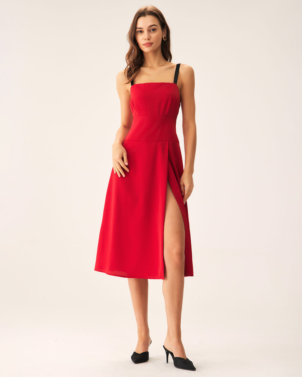 Red Contrast Slit Slip Midi Dress - Threadford