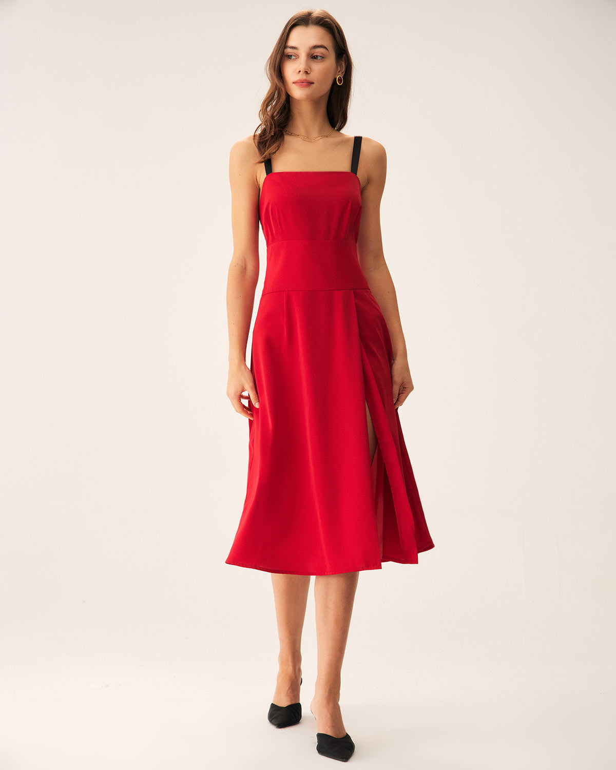 Red Contrast Slit Slip Midi Dress - Threadford