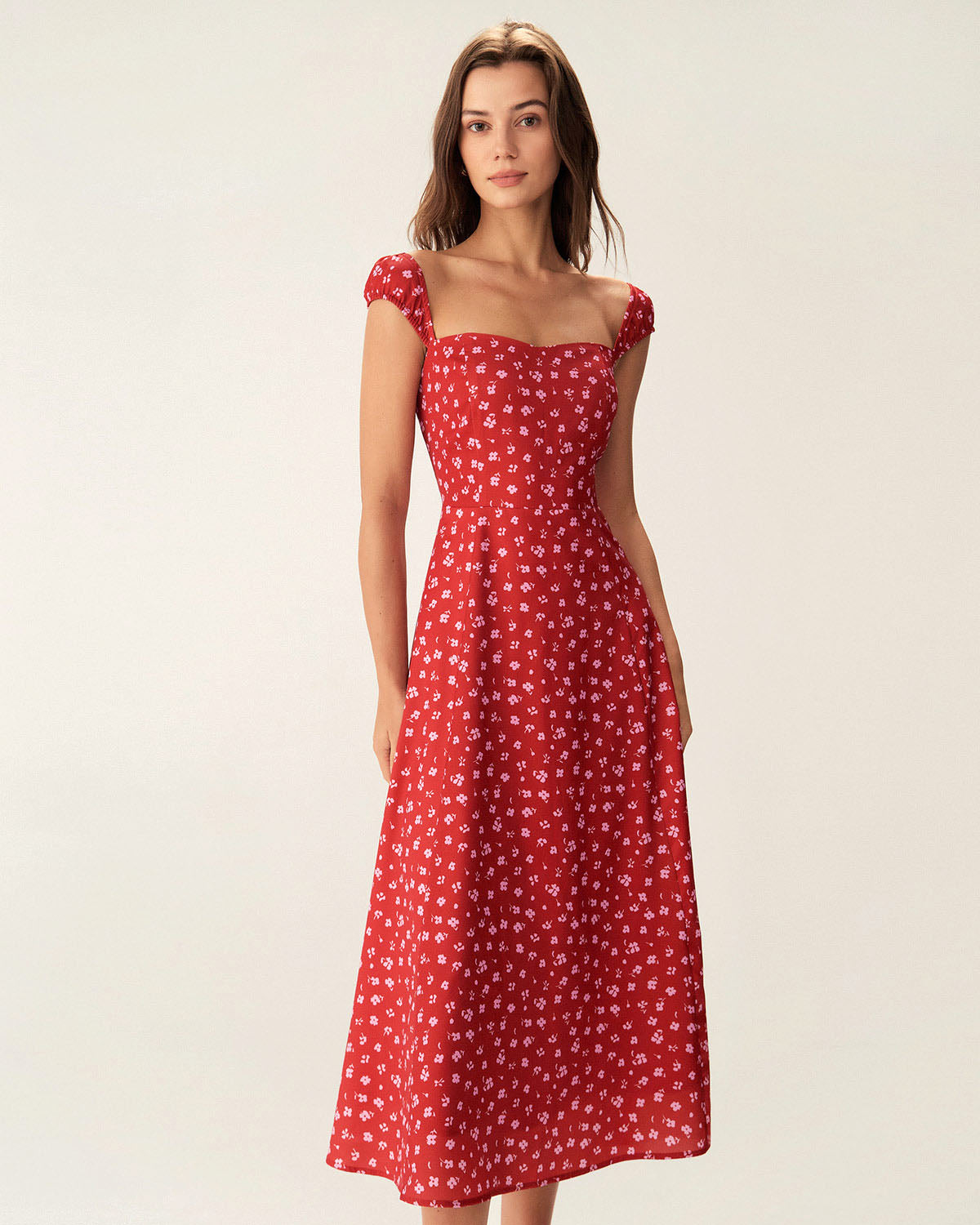 Red Floral Sweetheart Neck Cap Sleeve Midi Dress - Threadford