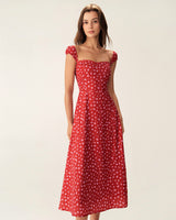 Red Floral Sweetheart Neck Cap Sleeve Midi Dress - Threadford